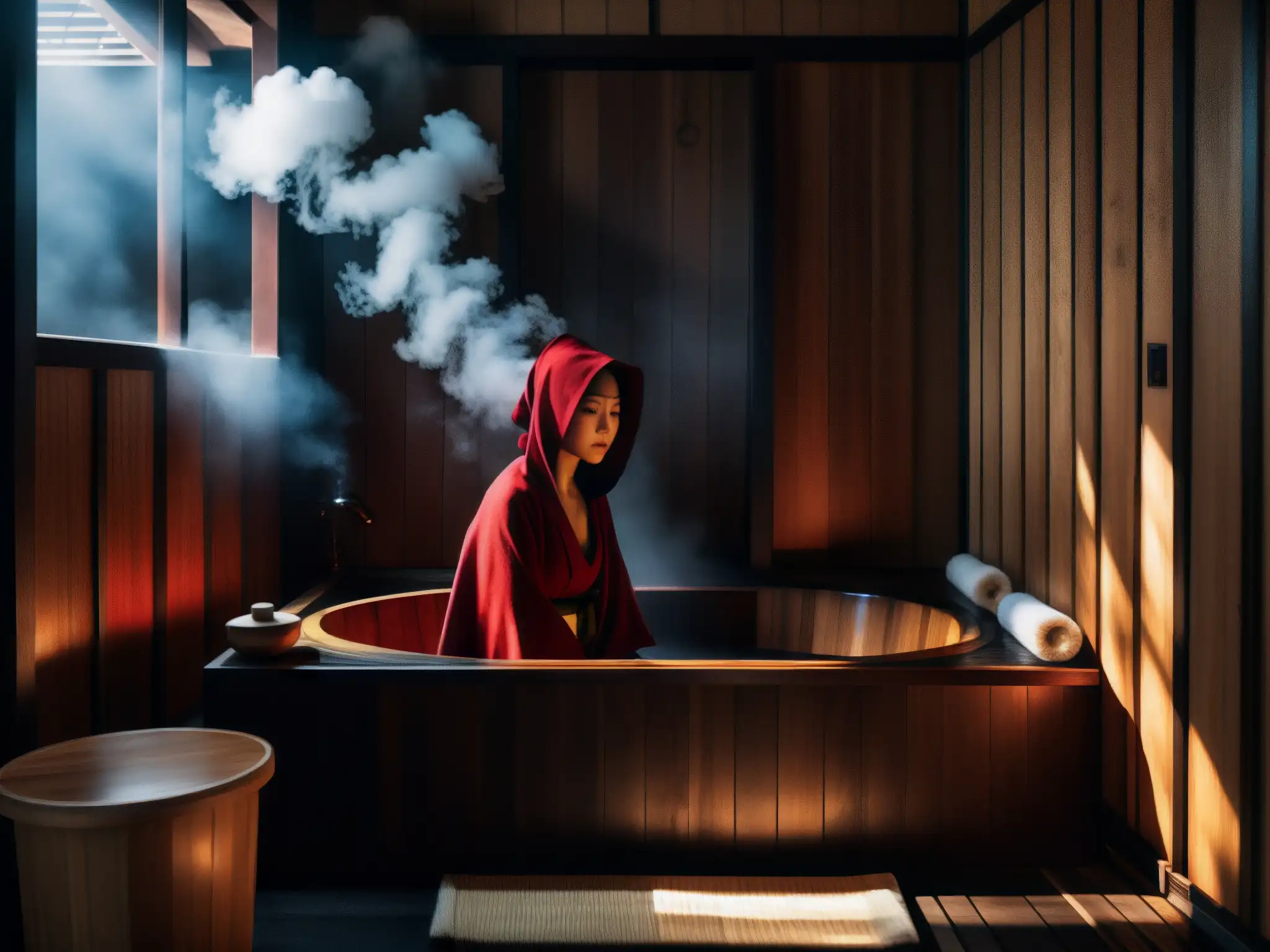 Imagen inquietante de baño japonés con bañeras de madera, vapor y figura misteriosa en capa roja, evocando la leyenda de Aka Manto