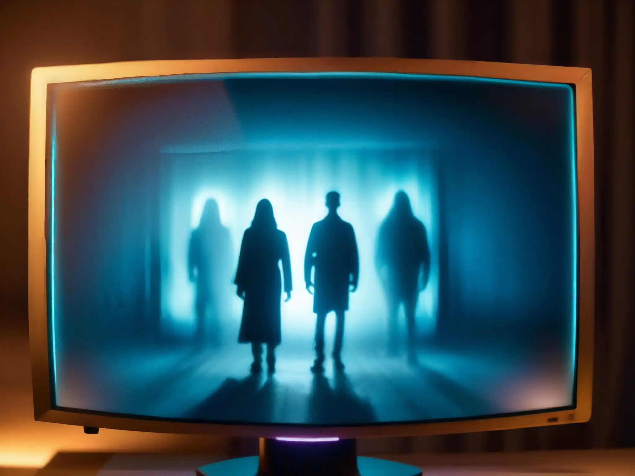 Una imagen inquietante de una pantalla de computadora con figuras fantasmales borrosas emergiendo, iluminando el entorno con un brillo misterioso