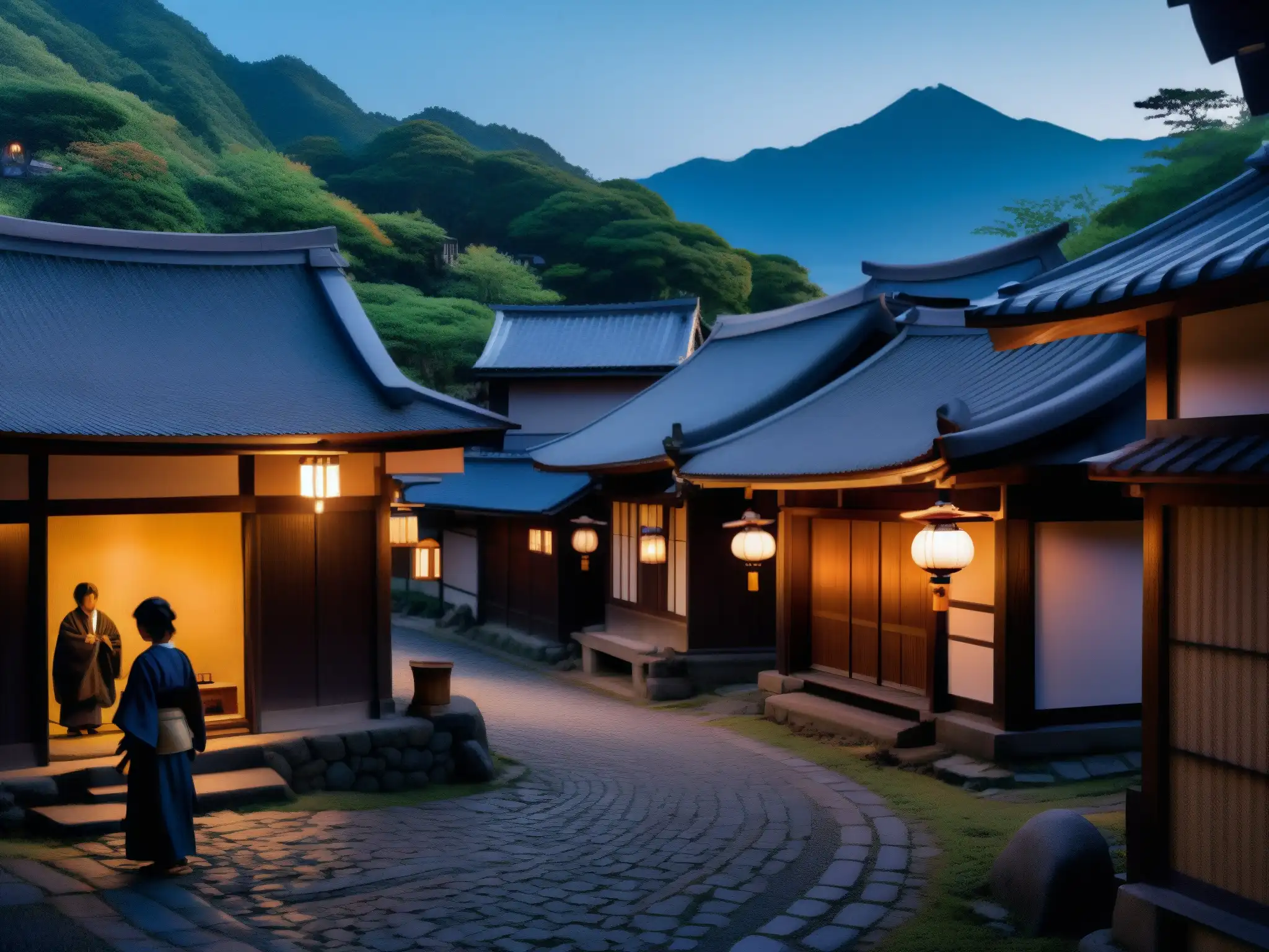 Una imagen inquietante de un pueblo japonés al atardecer, con casas de madera tradicionales y lugareños sombríos reunidos alrededor de un santuario