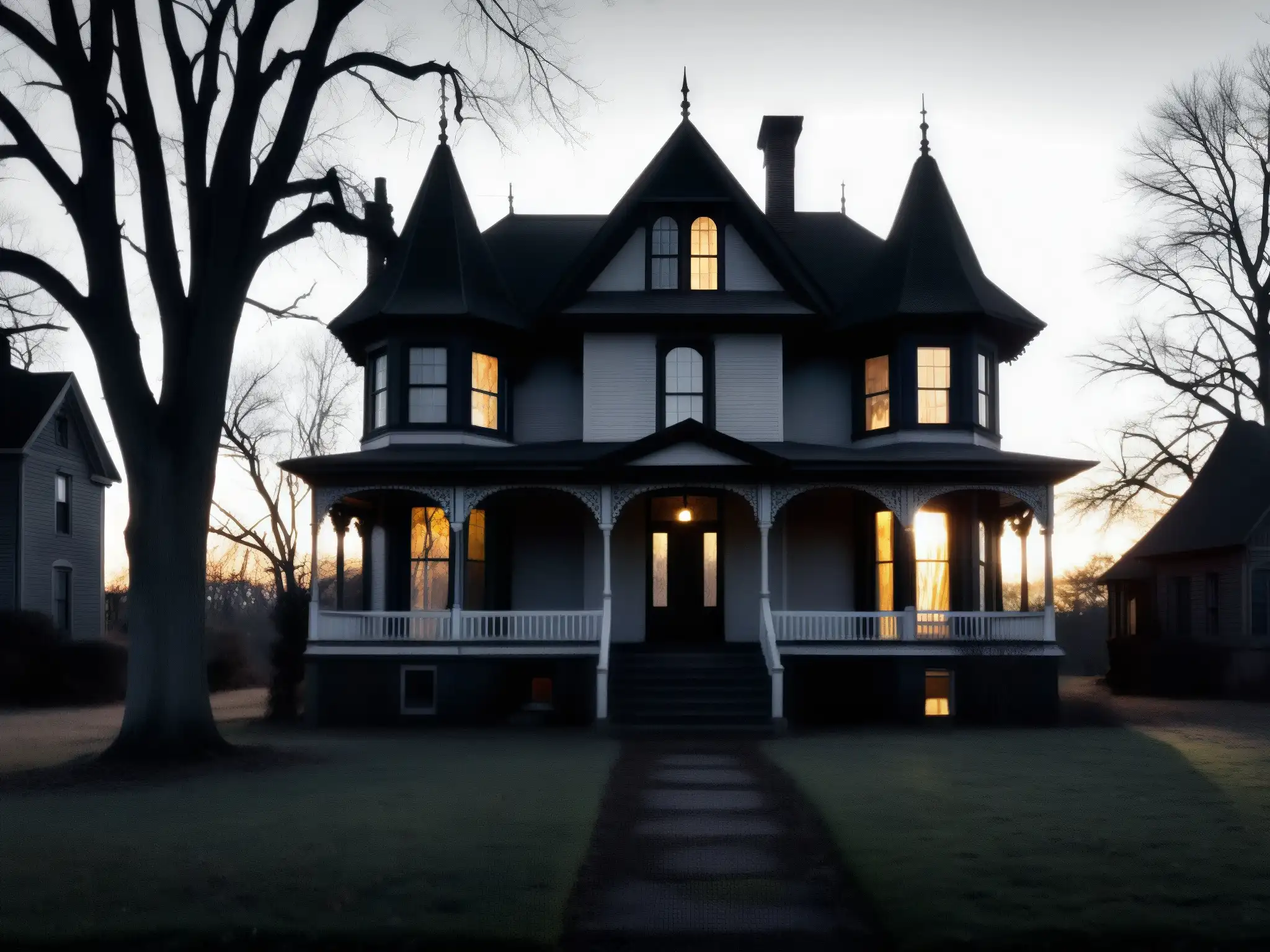 La imagen muestra la inquietante silueta de una antigua casa victoriana al anochecer, evocando el misterio de una morada embrujada