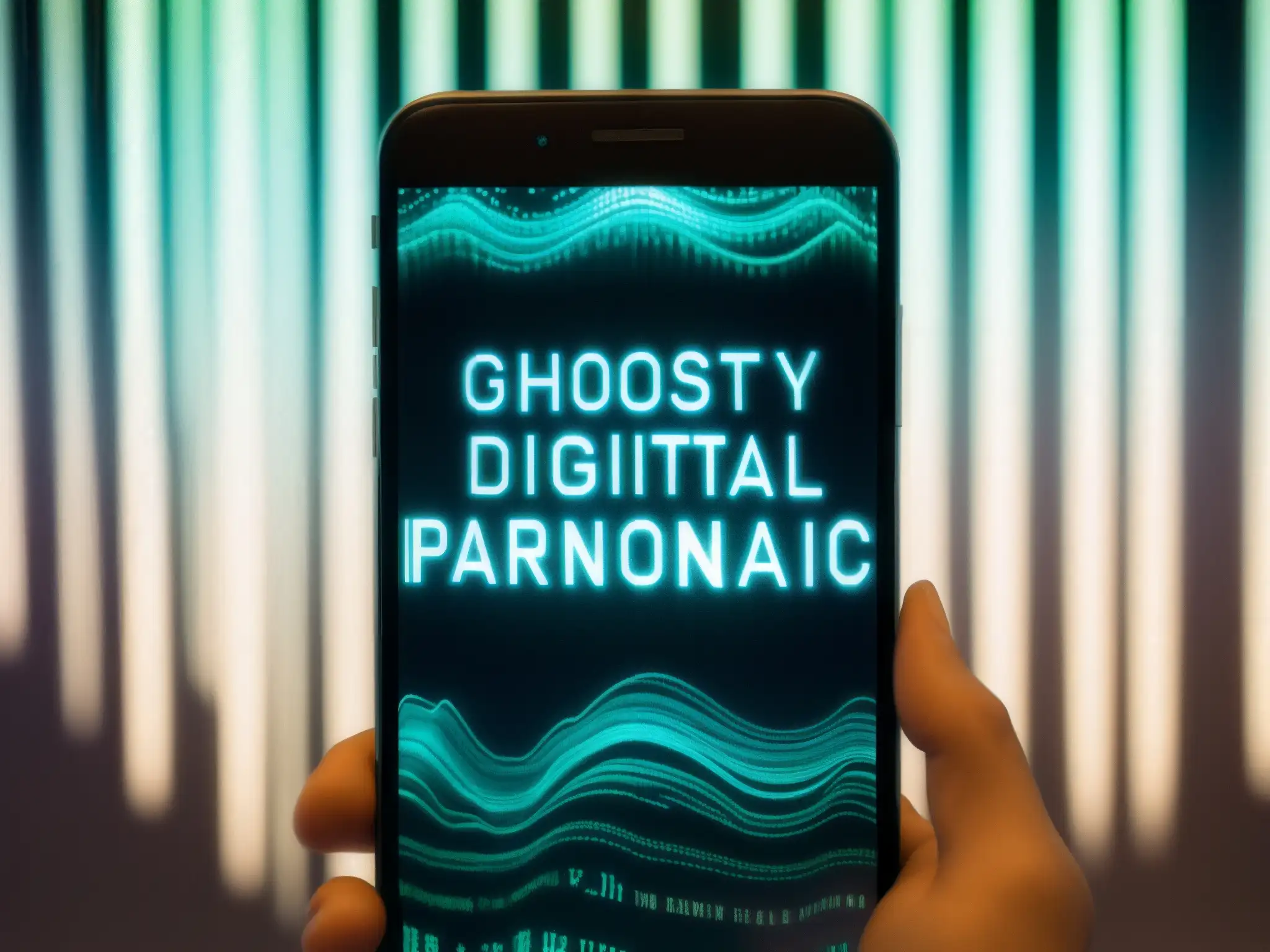 Imagen inquietante de un smartphone con texto e imágenes distorsionadas, evocando fenómenos paranormales en dispositivos electrónicos