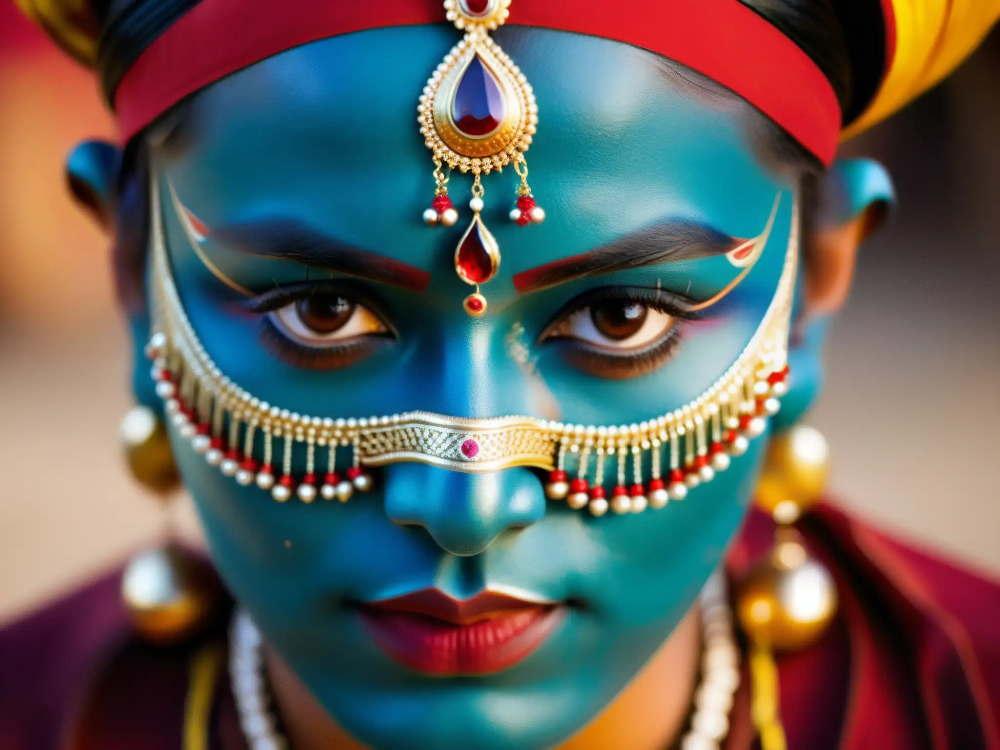 La imagen muestra un intenso artista de teatro de Calcuta con maquillaje y traje tradicionales, listo para un espectáculo sobrenatural