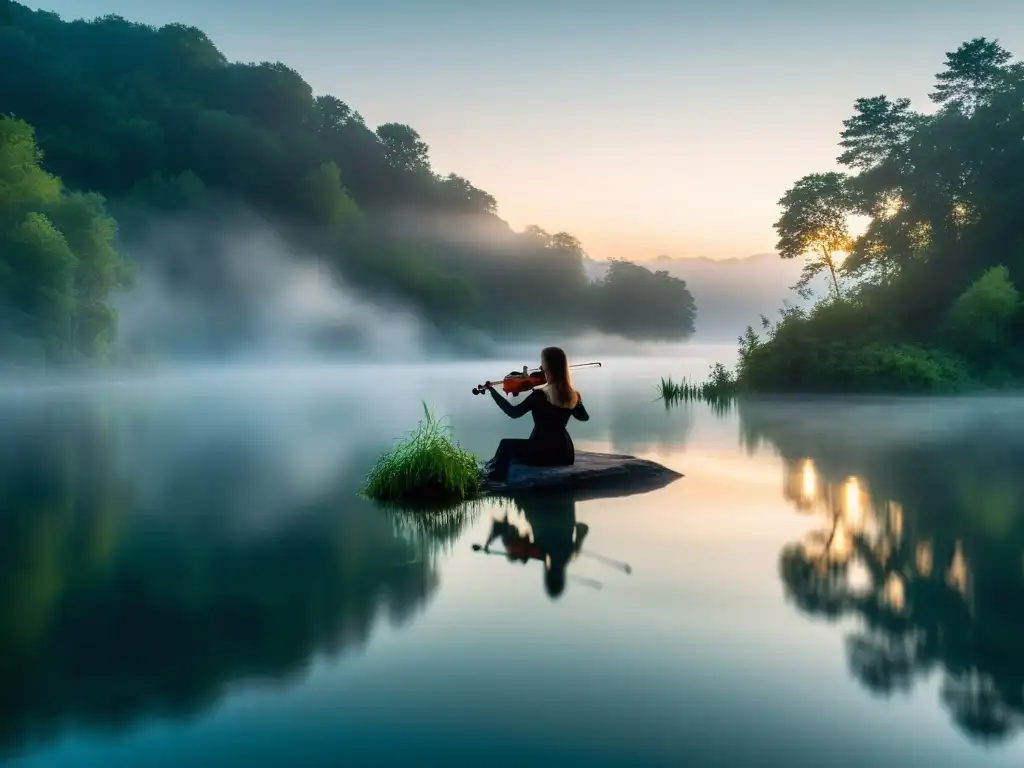 Imagen 8k de lago sereno iluminado por la luna, con neblina y figura misteriosa tocando violín, capturando el mito Näcken violinista acuático
