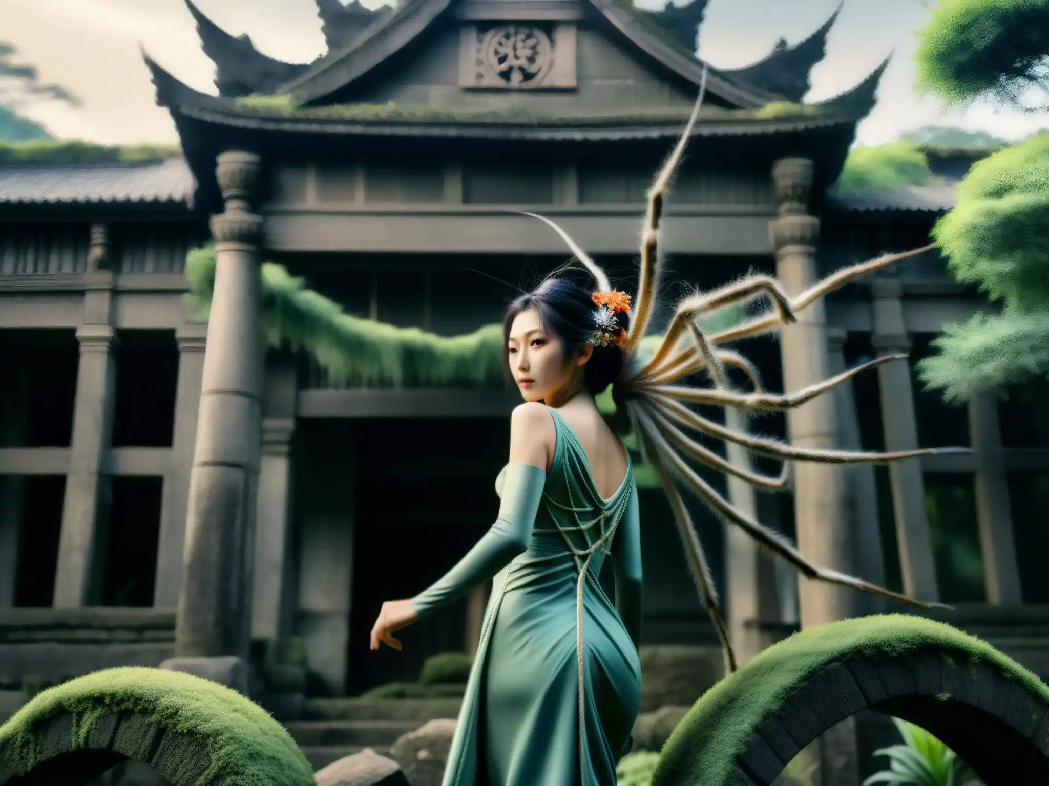 Imagen de la legendaria Jorogumo, una araña mujer de Japón, con una presencia mística y malevolente, en ruinas antiguas y exuberantes