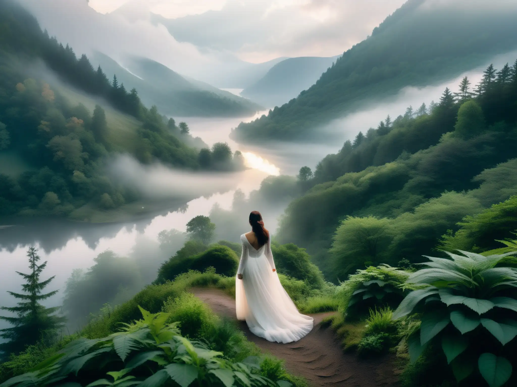 Imagen de la leyenda de la mujer blanca Appalachia: paisaje neblinoso de montaña, sendero serpenteante hacia un lago sereno y misterioso