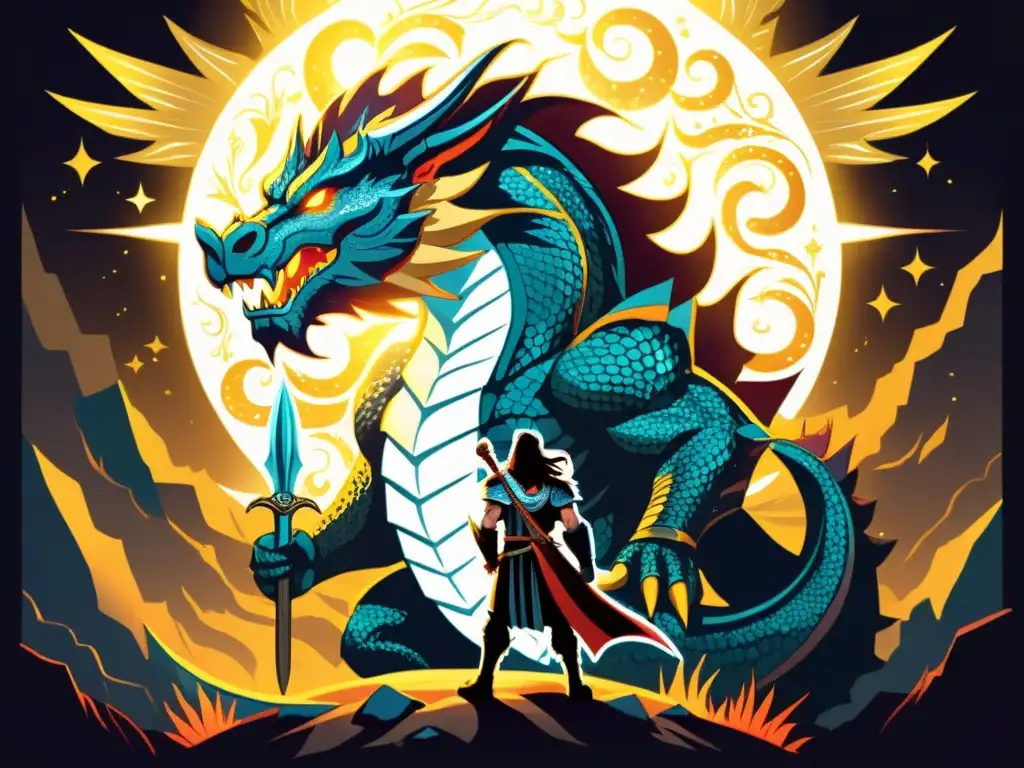 Imagen de la leyenda Sigurd y Fafnir: Fafnir, el temible dragón, protege un tesoro mientras Sigurd desafía al monstruo con valentía y asombro, en un paisaje mítico montañoso