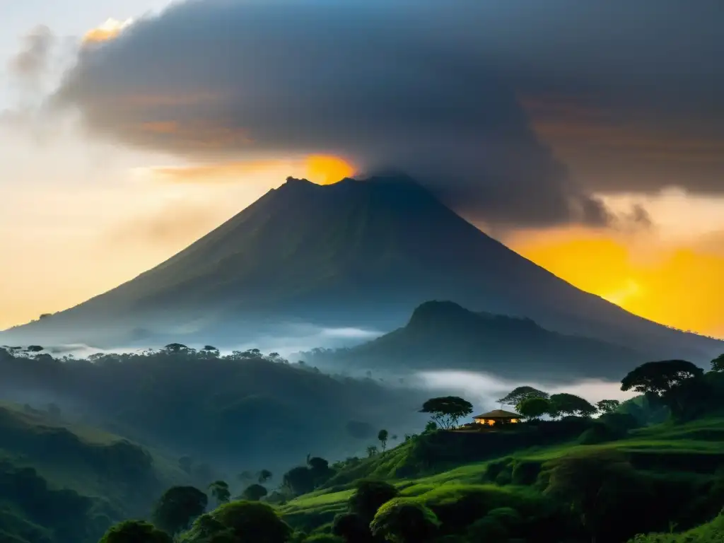 La imagen muestra la majestuosa silueta del Monte Camerún, con sus pendientes escarpadas cubiertas de exuberante vegetación y envueltas en neblina