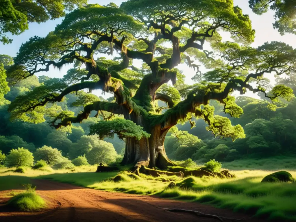Imagen de un majestuoso roble anciano en un denso bosque cubierto de musgo, evocando el espíritu del árbol en el folclore danés