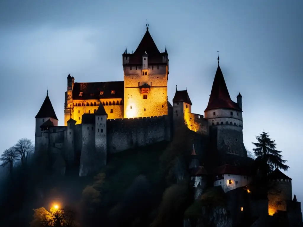 Imagen misteriosa del antiguo Castillo de Bran en Transilvania envuelto en la niebla, evocando la leyenda de Drácula