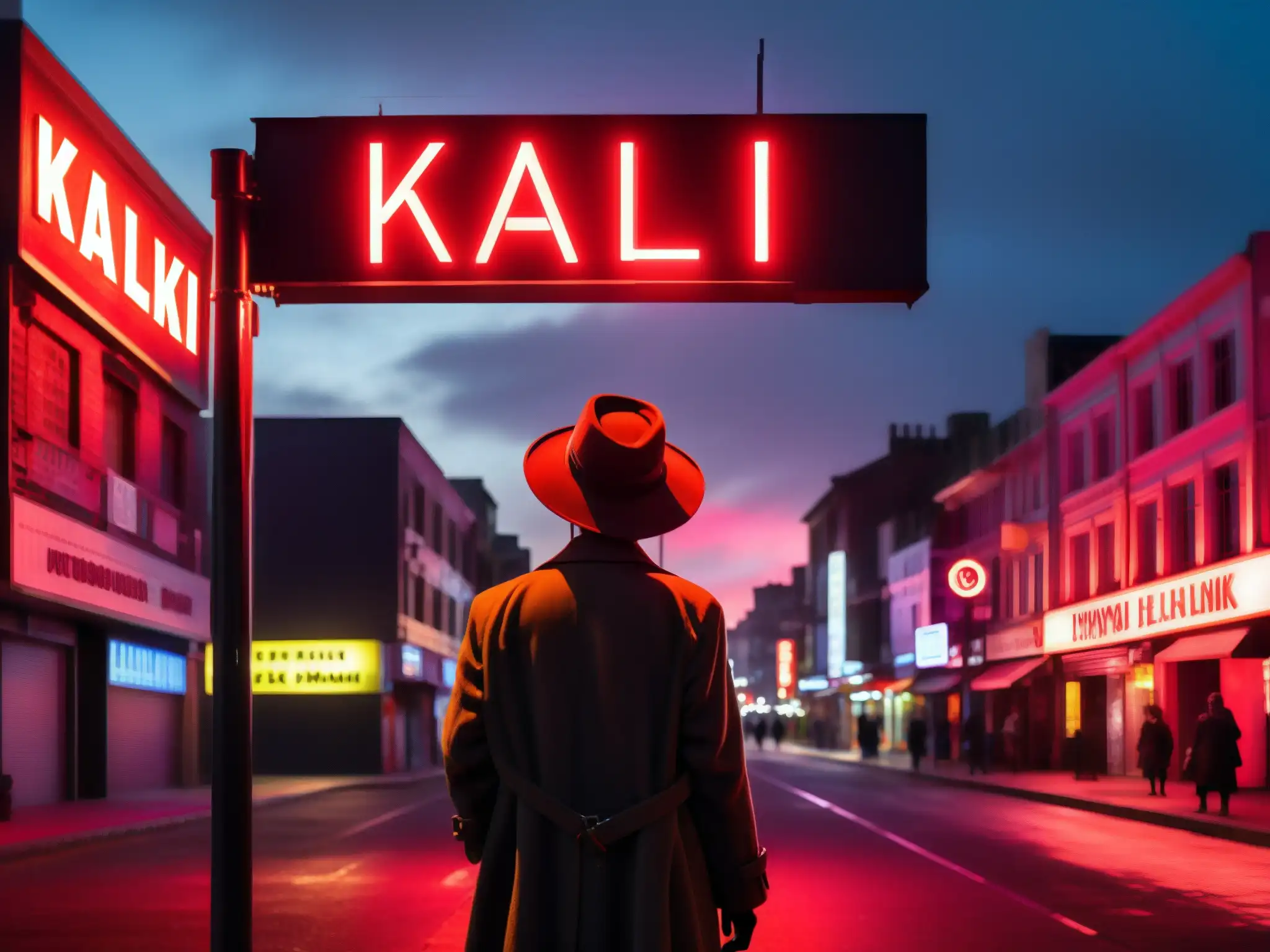 En la imagen se ve una misteriosa calle nocturna con una figura sombría bajo una farola parpadeante y un letrero de neón con la palabra 'Kalki'