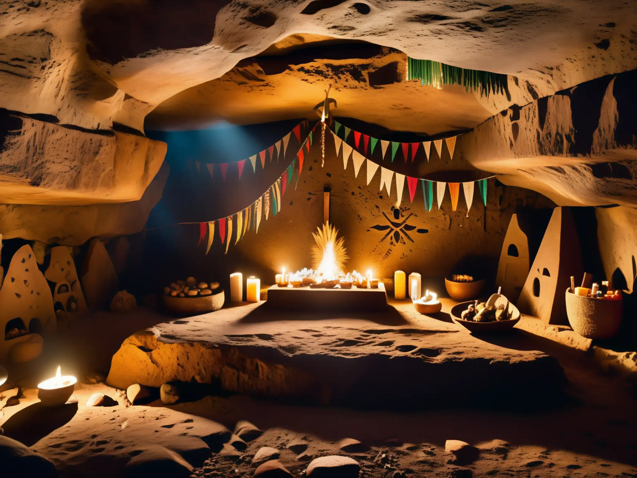 Imagen de una misteriosa cueva en las remotas montañas de Durango, México, con antiguos petroglifos que representan rituales y sacrificios ocultos