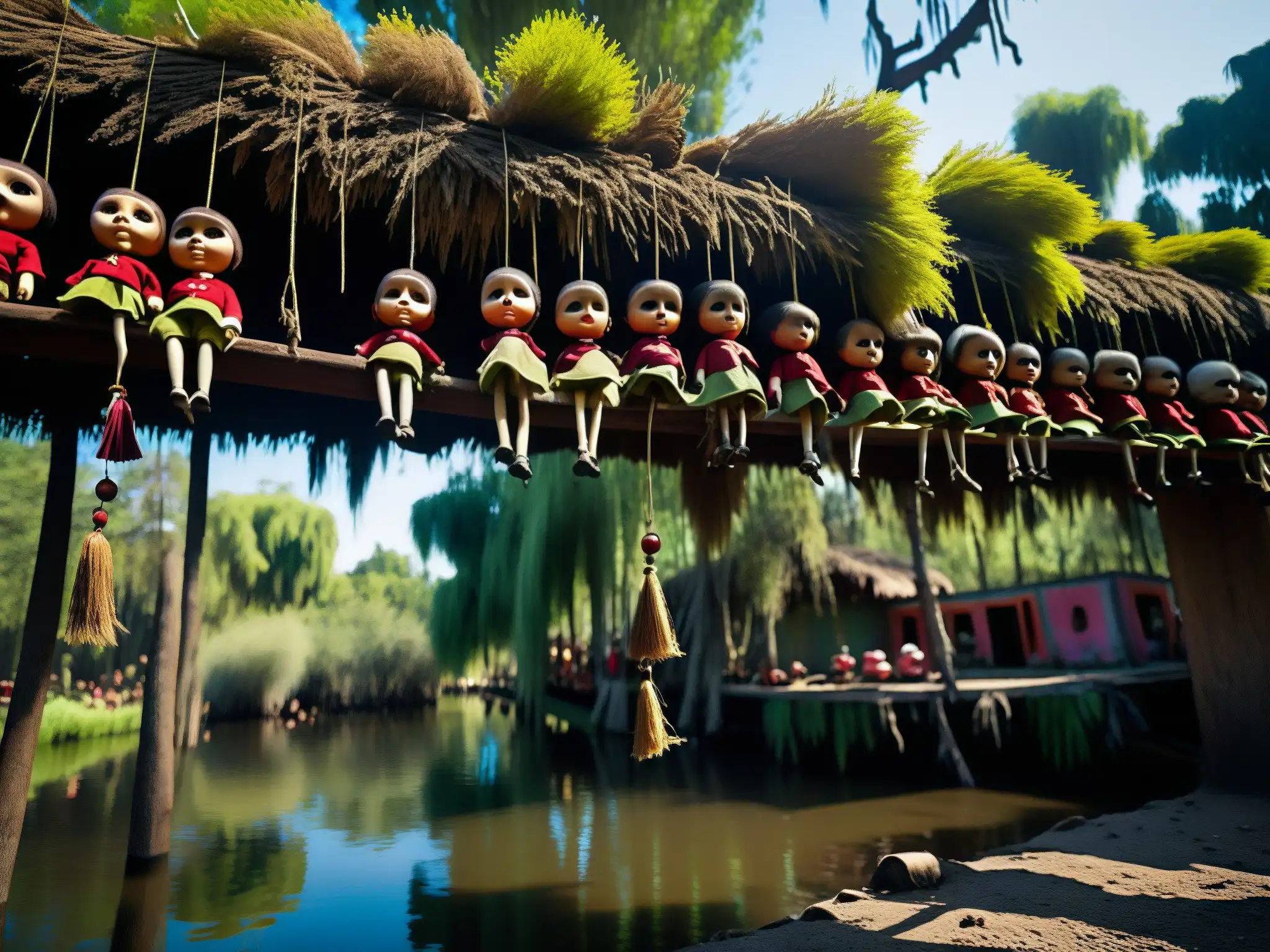 Imagen misteriosa de la Isla de las Muñecas en Xochimilco, con muñecas colgando entre la densa vegetación y un ambiente inquietante