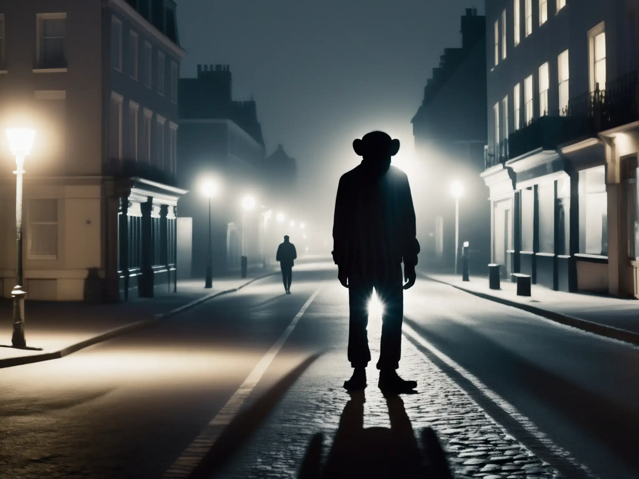 En la imagen se ve una misteriosa figura con rasgos de mono en una calle desierta de noche