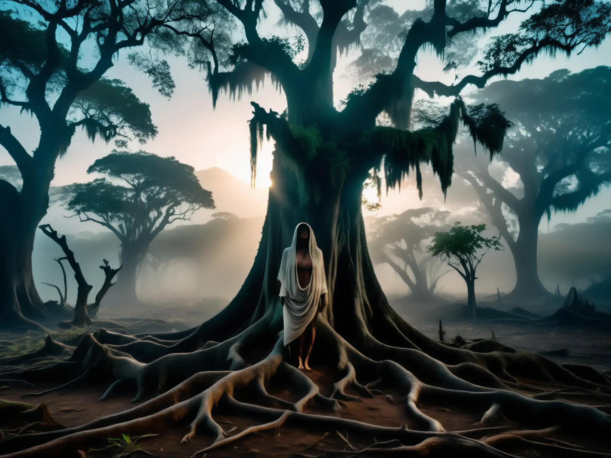 Imagen de la misteriosa La Sayona en un bosque venezolano, con un aura etérea y ojos llenos de oscuridad y venganza