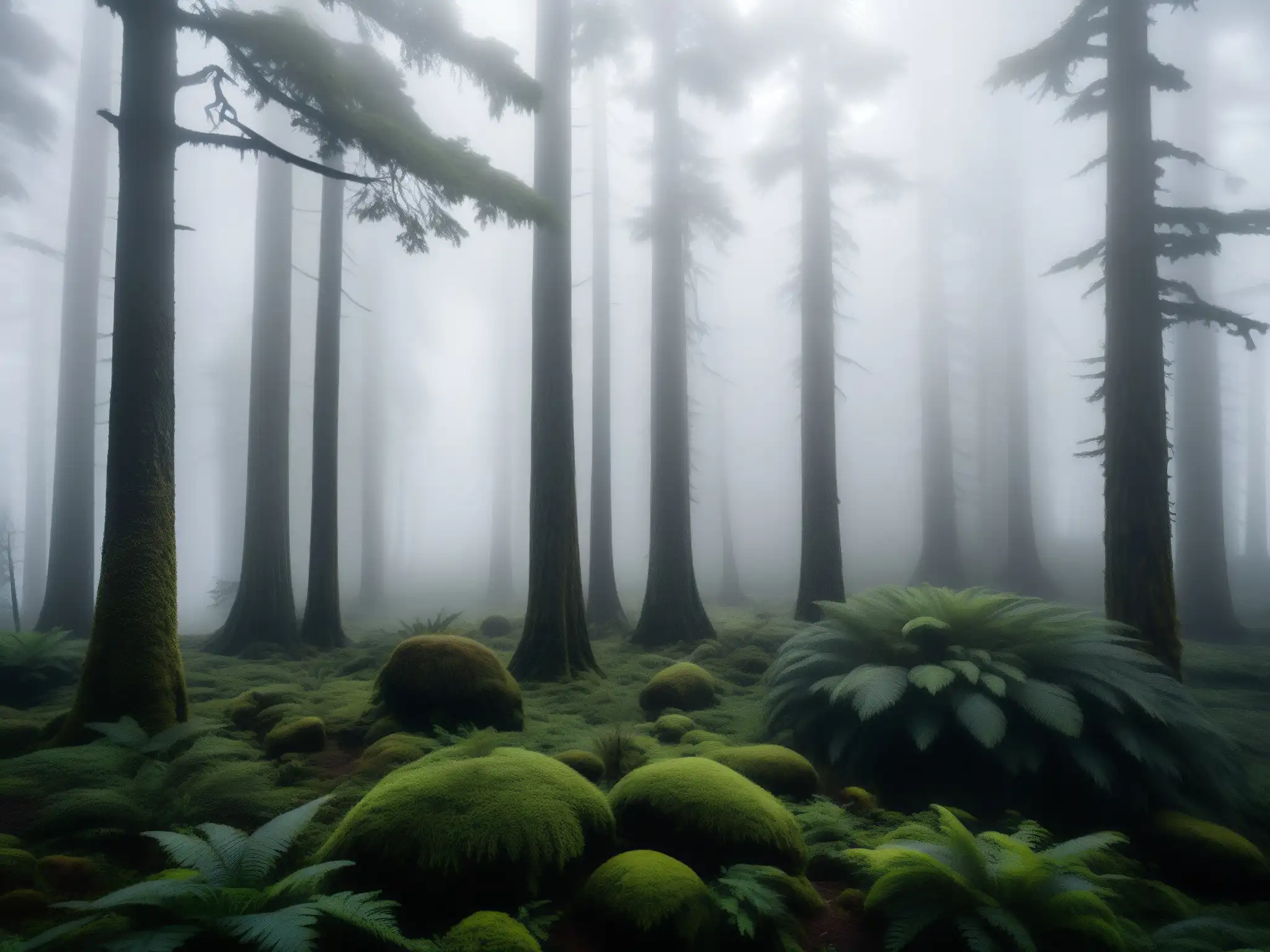 Imagen de un misterioso bosque neblinoso en la remota naturaleza de Chile, evocando los avistamientos del culebrón en Chile