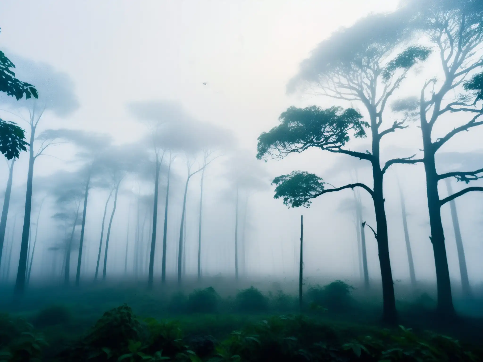 Imagen de un misterioso bosque en la niebla matutina, evocando el enigma de las aves suicidas en Jatinga