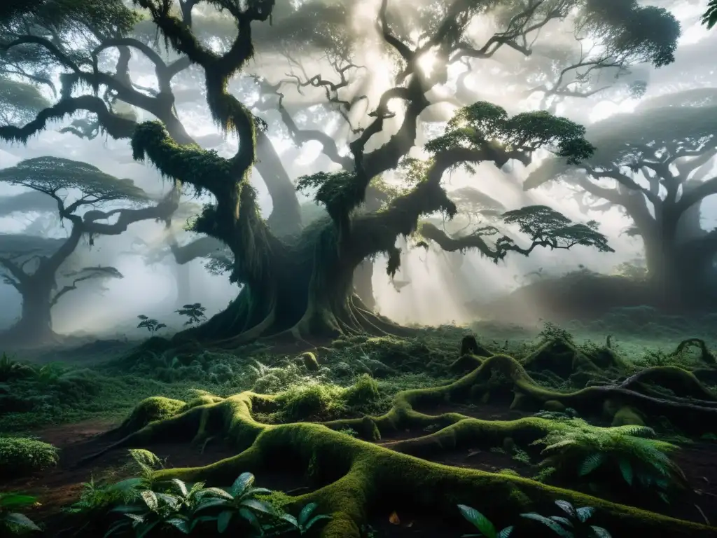 Imagen 8k de un misterioso bosque en África Oriental, con neblina y el demonio Jinamizi
