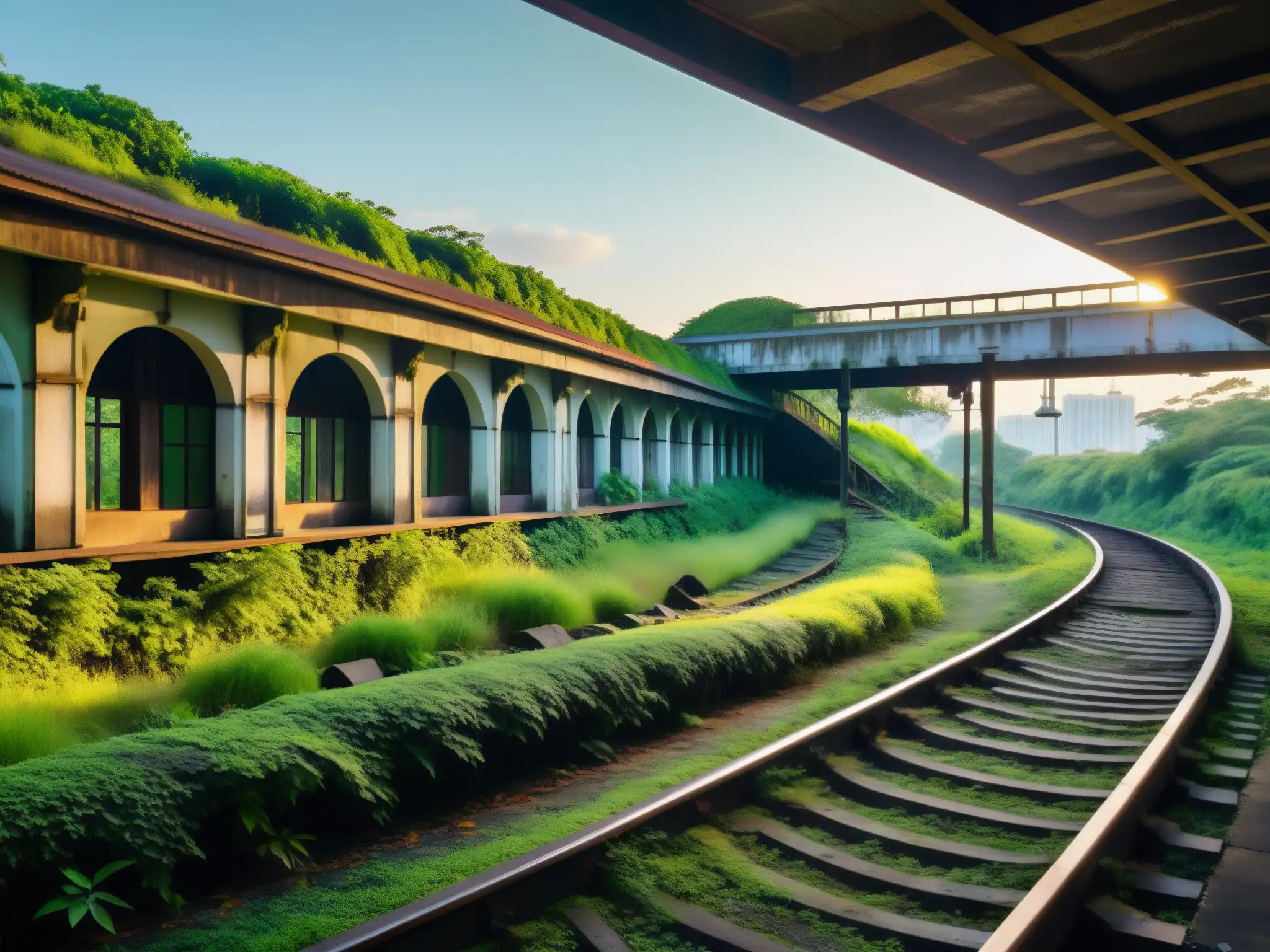 Imagen del misterioso y hermoso Tren Fantasma Bishan, con vías cubiertas de vegetación y una atmósfera evocadora de la leyenda