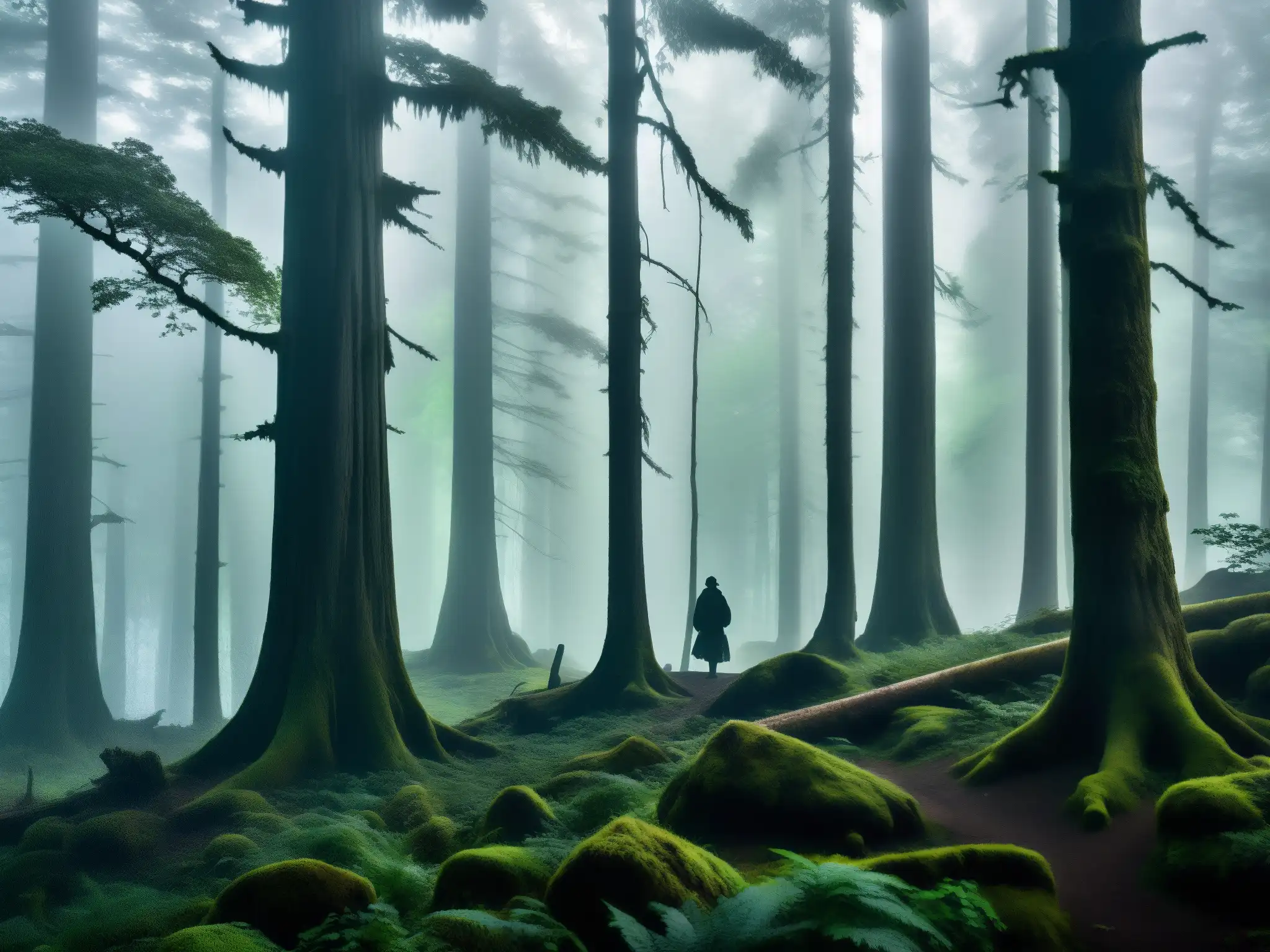 Imagen de los misteriosos bosques de la región Churel, con la niebla entre los árboles y la silueta de una figura legendaria