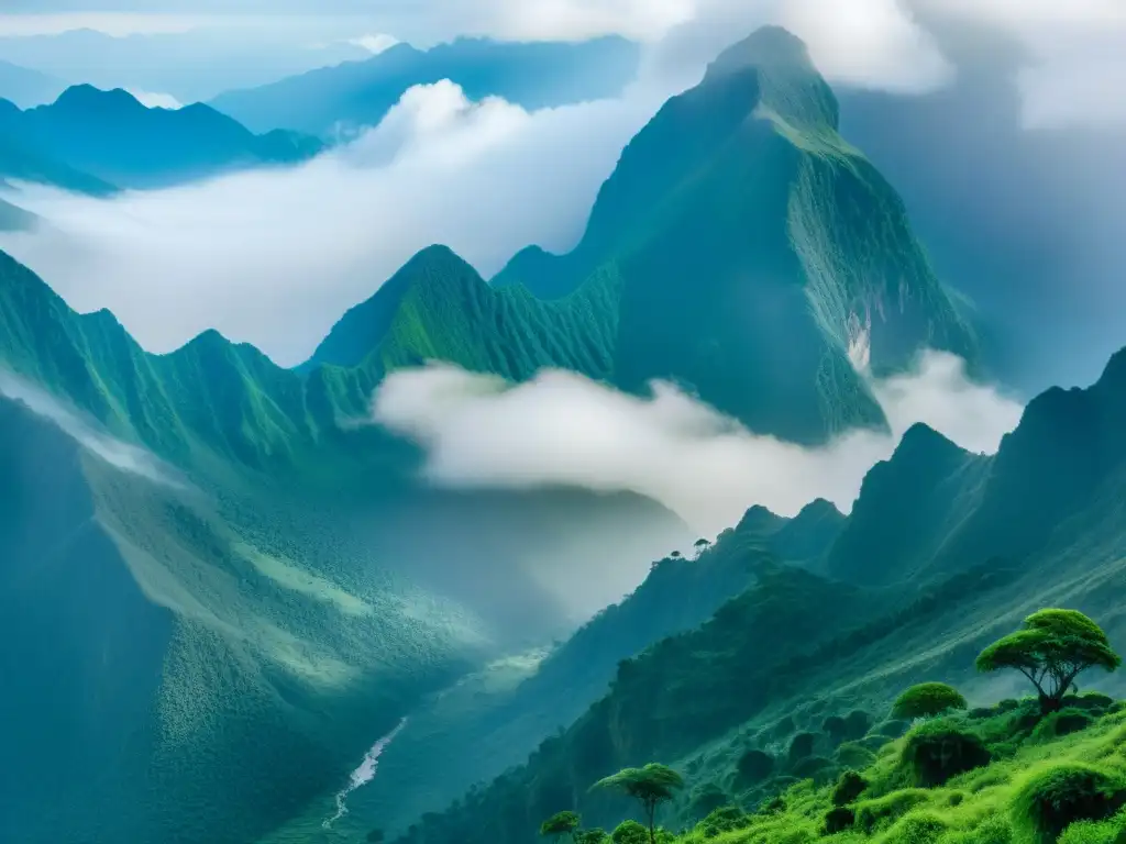 Imagen 8k de los misteriosos Espíritus Montañas Rwenzori envueltos en niebla, evocando una atmósfera etérea y misteriosa