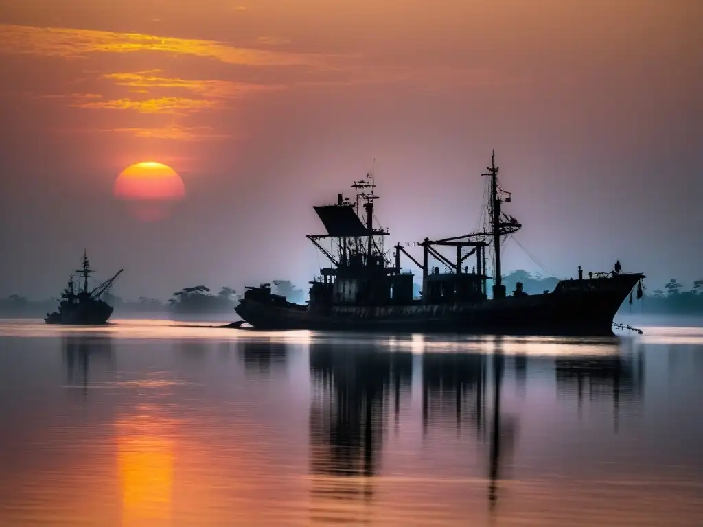 Imagen del místico amanecer en el Delta del Níger con un barco fantasma entre la niebla, evocando la leyenda urbana