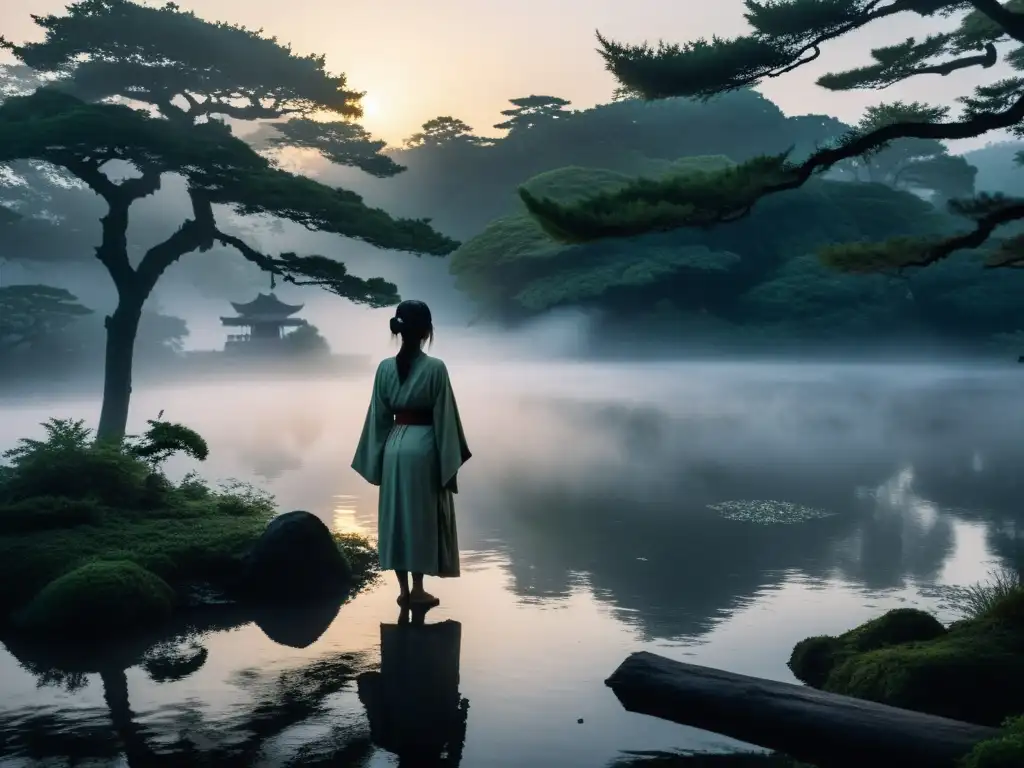 Imagen de la mitología de las AmeOnna: mujer misteriosa en un bosque neblinoso al amanecer, con edificaciones japonesas y un estanque