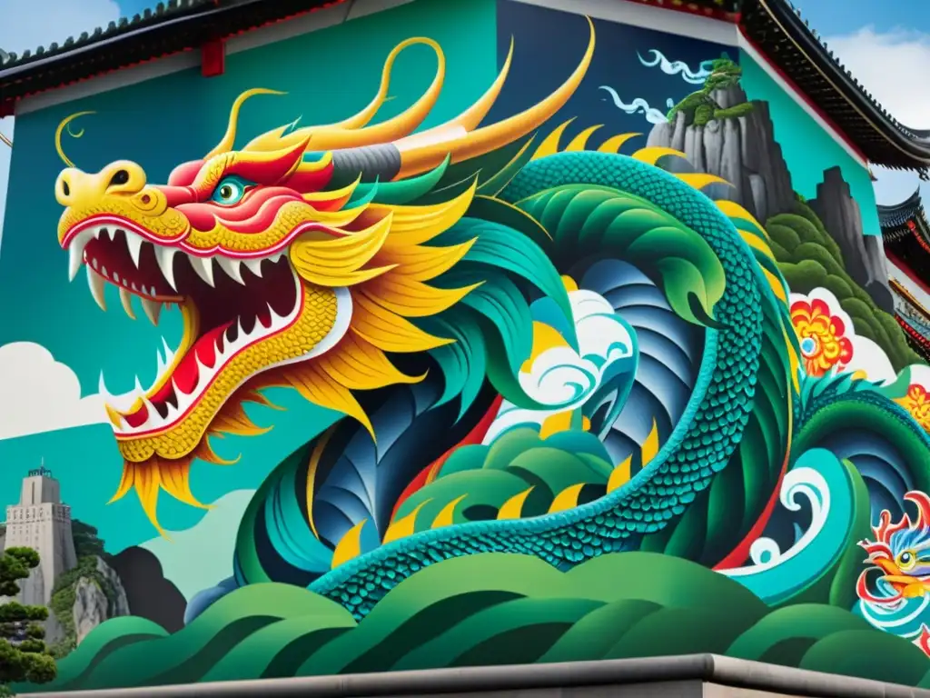 Imagen de mural urbano vibrante con el Dragón de Ryuugujou en detalle, mitología urbana expresada en colores dinámicos