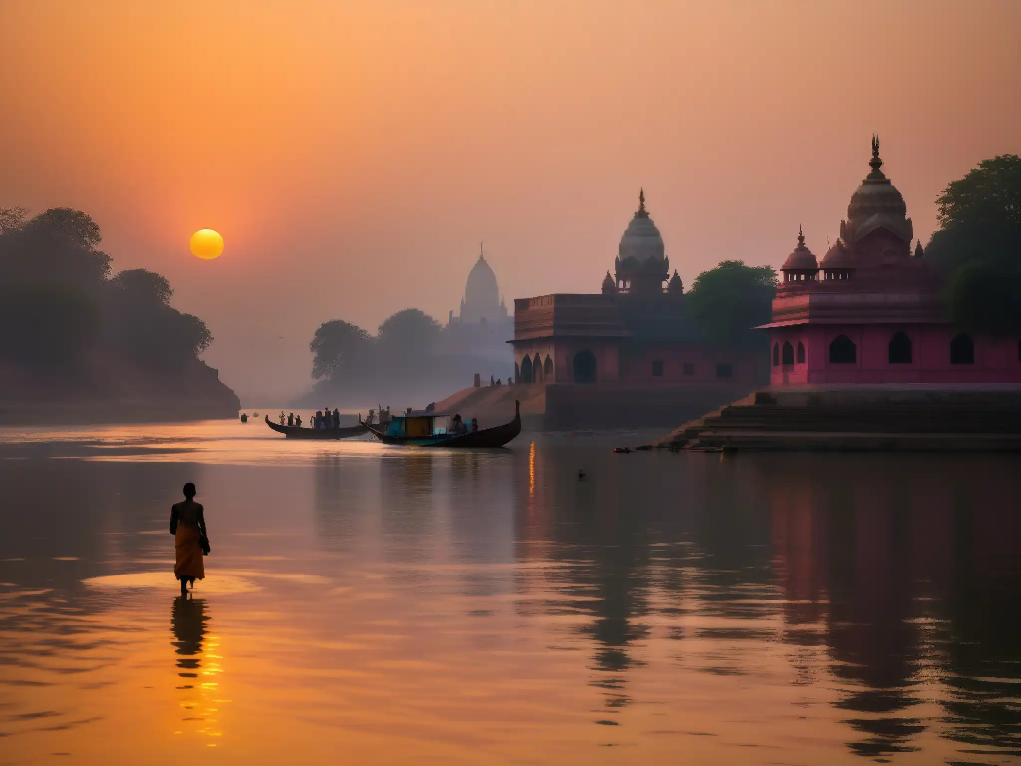 Imagen de las neblinosas orillas del río Ganges al amanecer, con un ritual hindú y el ambiente místico de leyendas urbanas Ganges India