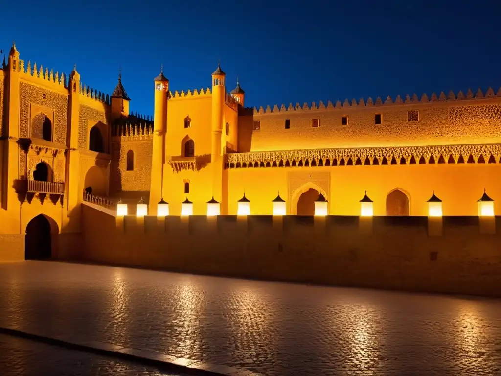 Imagen de alta resolución del Alcázar de Sevilla de noche, iluminado por linternas, evocando la misteriosa atmósfera de fantasmas, leyendas e historia
