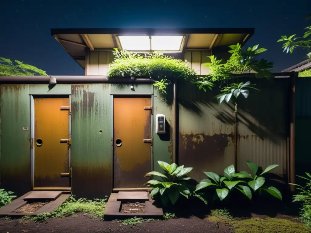 Una imagen nocturna de un antiguo y abandonado baño público japonés, rodeado de una atmósfera misteriosa y escalofriante