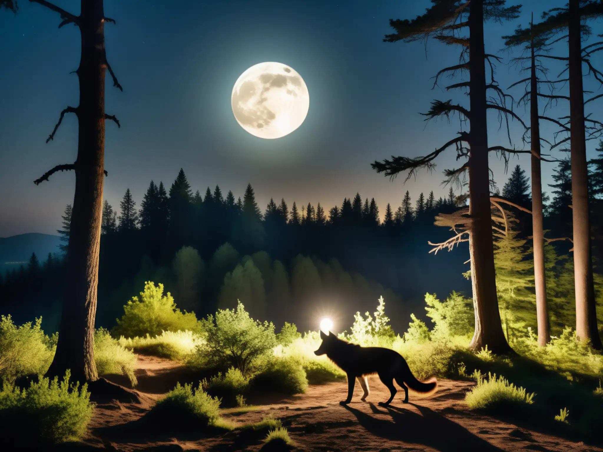 Imagen nocturna de un bosque oscuro con la silueta de un misterioso Chupacabras, evocando su origen mitológico