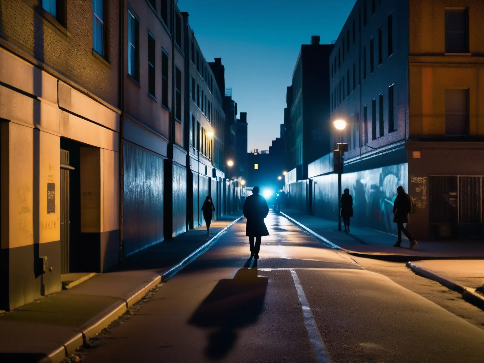 Imagen nocturna de una calle urbana con figuras en silueta, grafitis y una sensación de inquietud