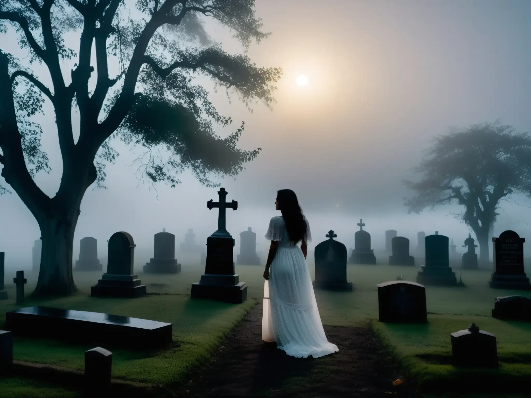 Una imagen nocturna de un cementerio cubierto de neblina, con la inquietante silueta de la 'Dama de Blanco' entre las tumbas