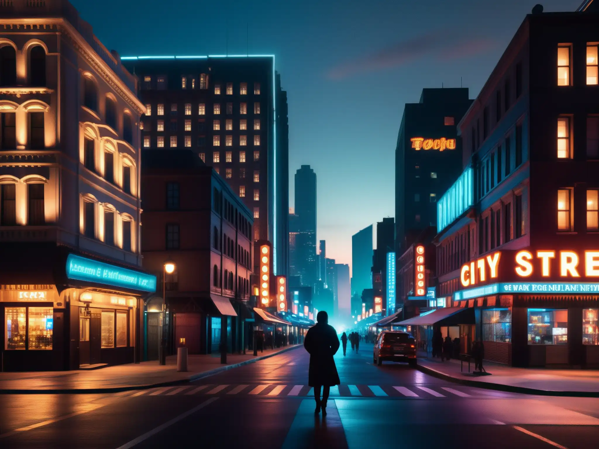 Imagen nocturna de ciudad con aura misteriosa y personaje en sombras, evocando análisis psicológico de leyendas urbanas