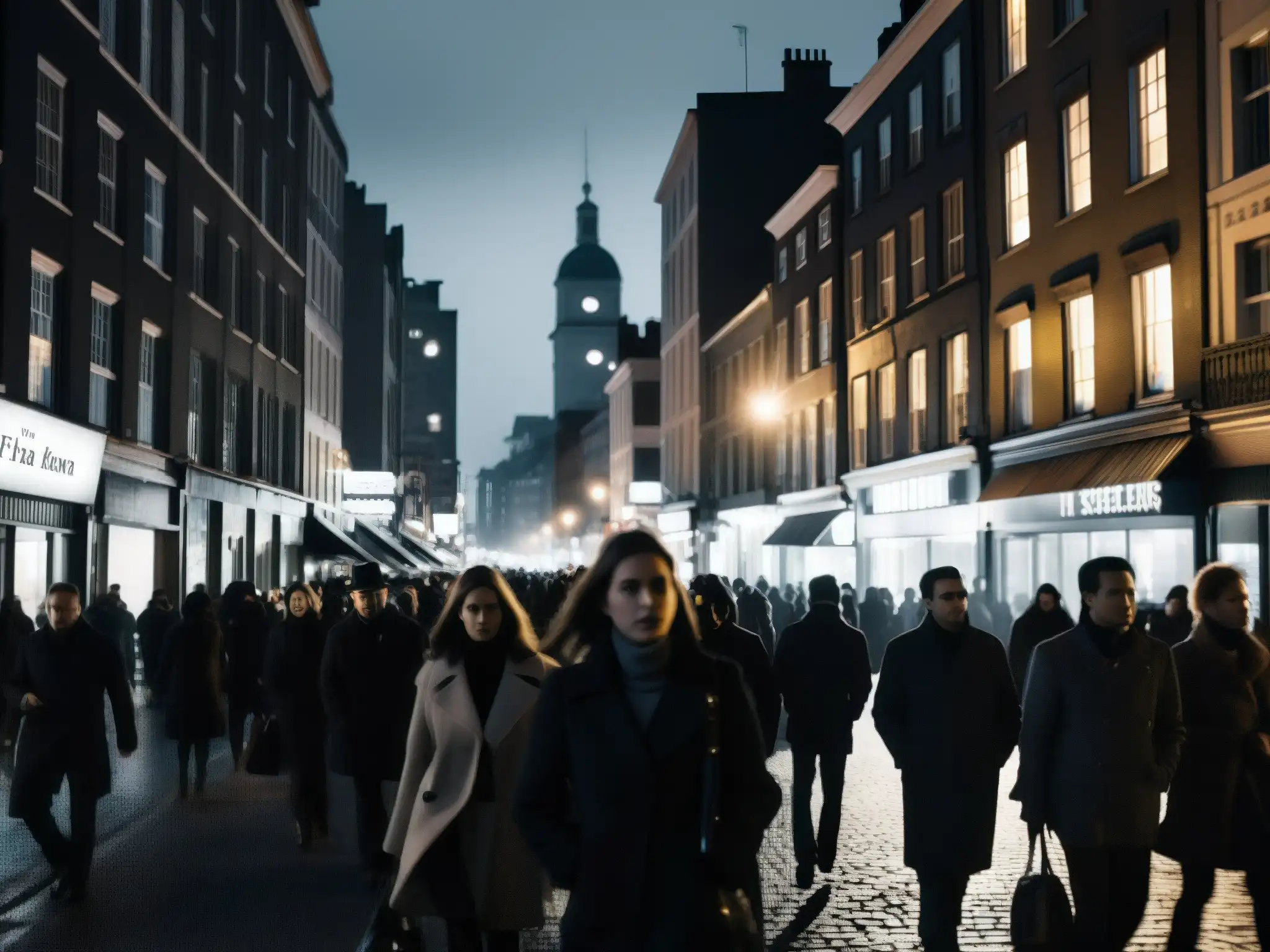 Imagen nocturna de una concurrida calle de la ciudad, con edificios iluminados a lo lejos y sombras proyectando siluetas misteriosas en el pavimento