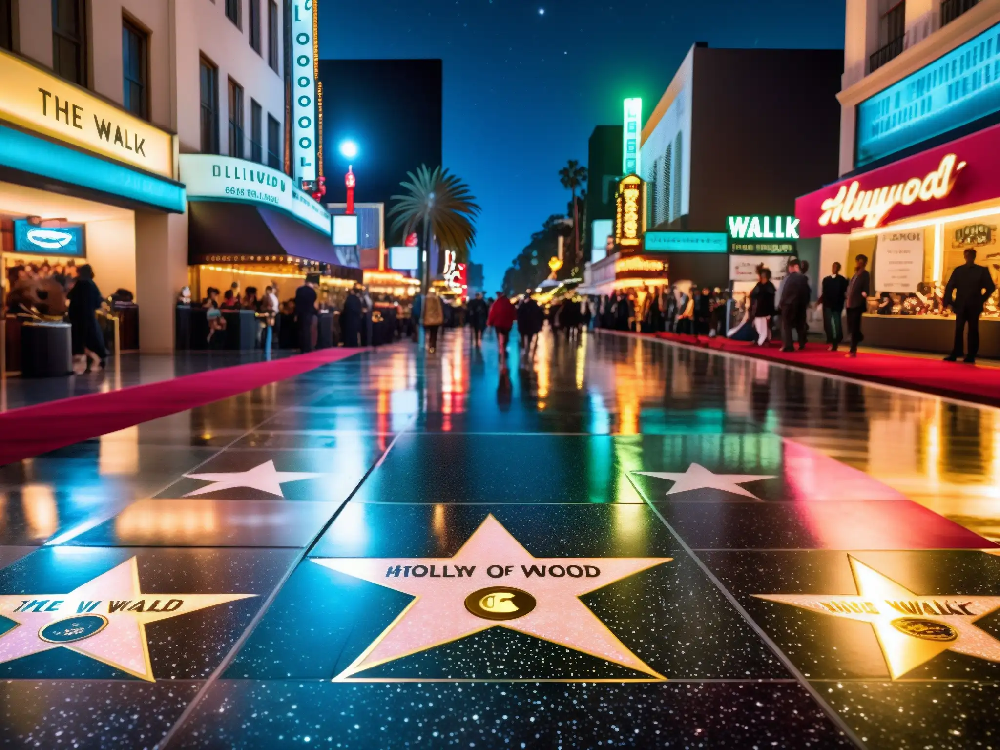 Imagen nocturna de la concurrida Hollywood Walk of Fame, con estrellas iluminadas por luces de la ciudad