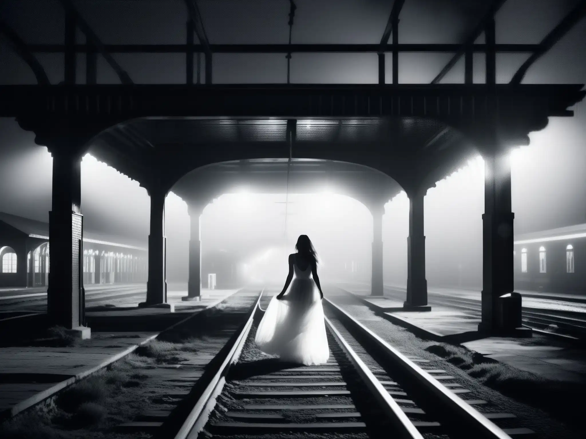 Imagen nocturna de una estación de tren abandonada, con vías desgastadas y una figura fantasmal entre la niebla