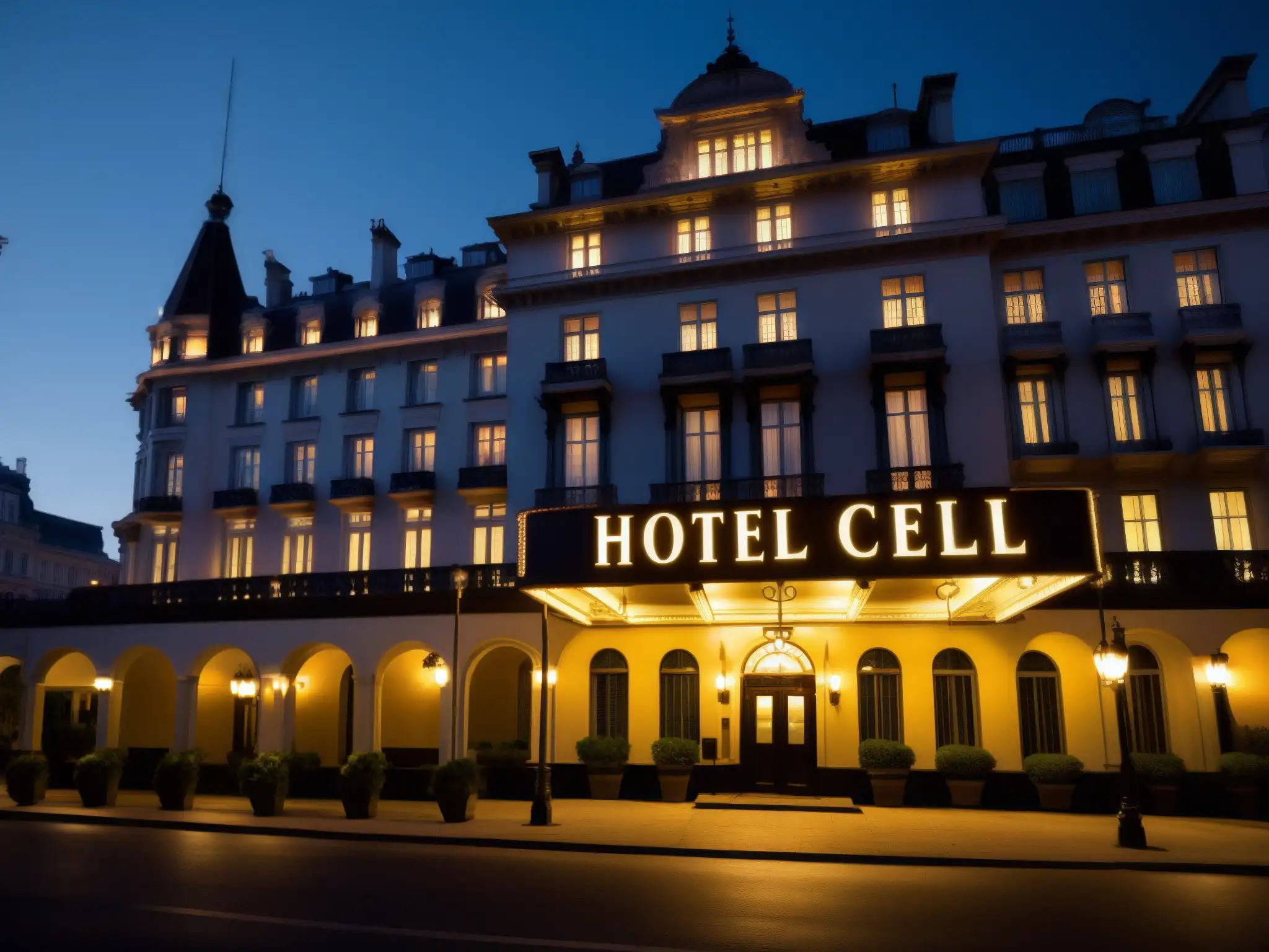 Imagen nocturna del Hotel Cecil con iluminación dramática, evocando la historia siniestra