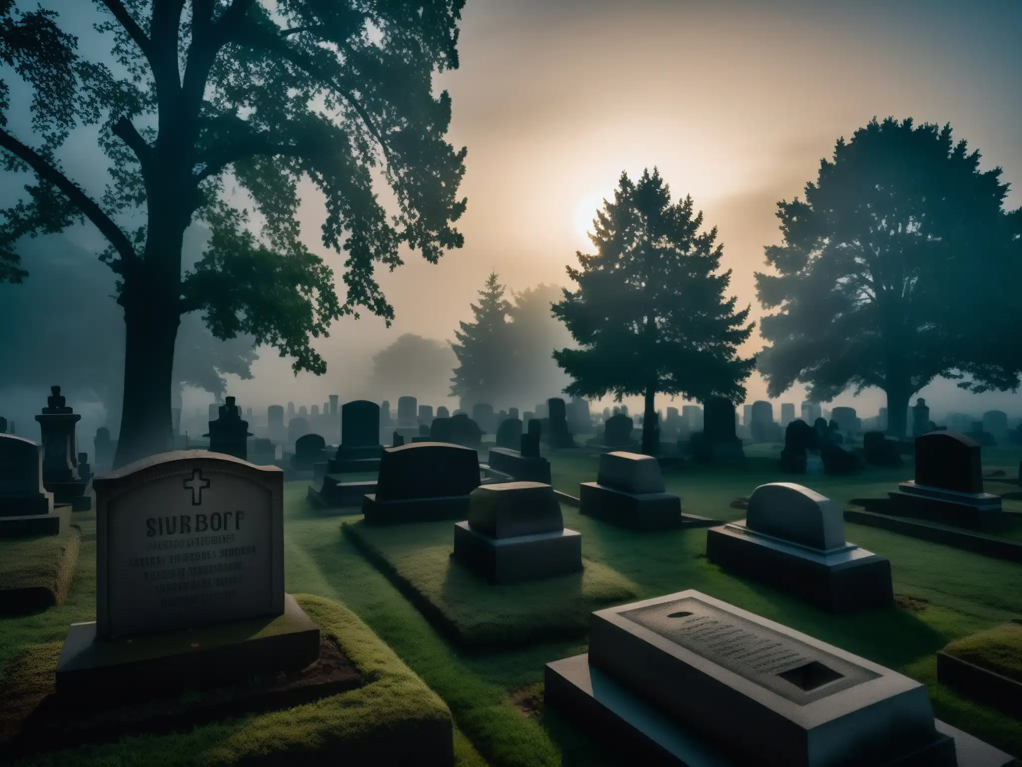 Imagen nocturna de un inquietante cementerio cubierto de niebla, con tumbas y mausoleos antiguos proyectando sombras ominosas