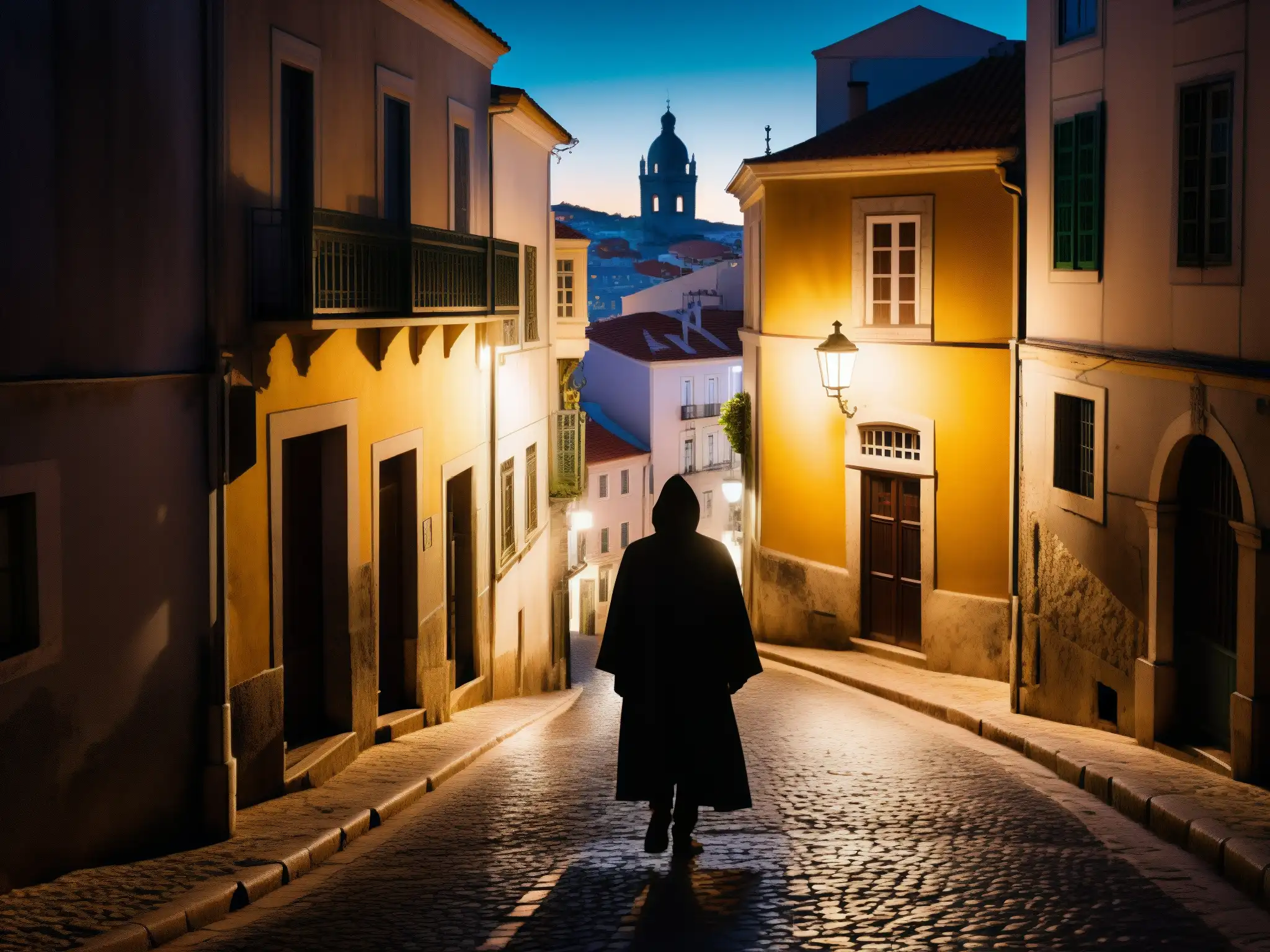 Imagen nocturna de las intrincadas calles de Lisboa, con un aura de misterio y la silueta de una figura encapuchada