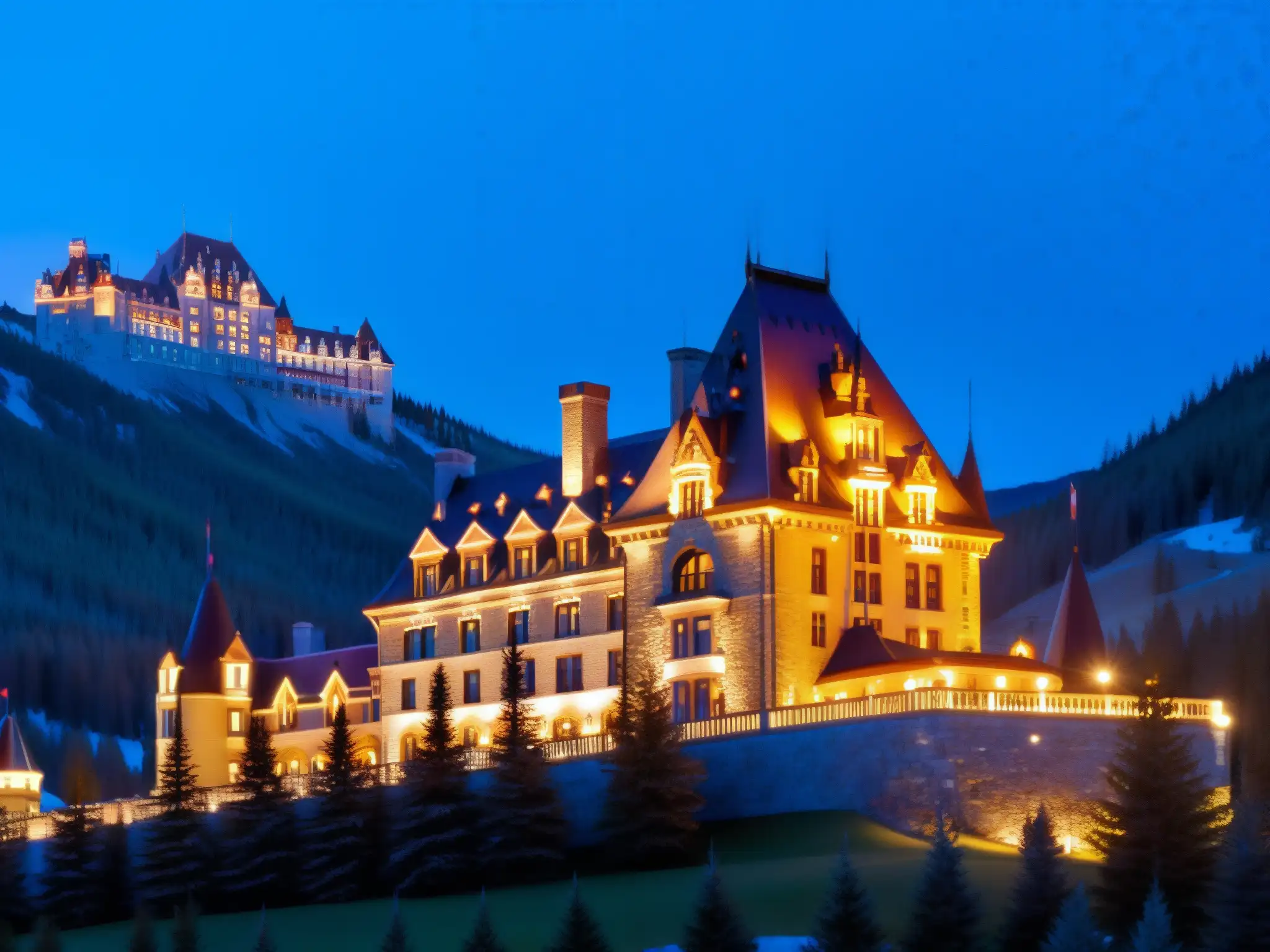 Imagen nocturna del majestuoso hotel Fairmont Banff Springs, con luces cálidas destacando su arquitectura encantada