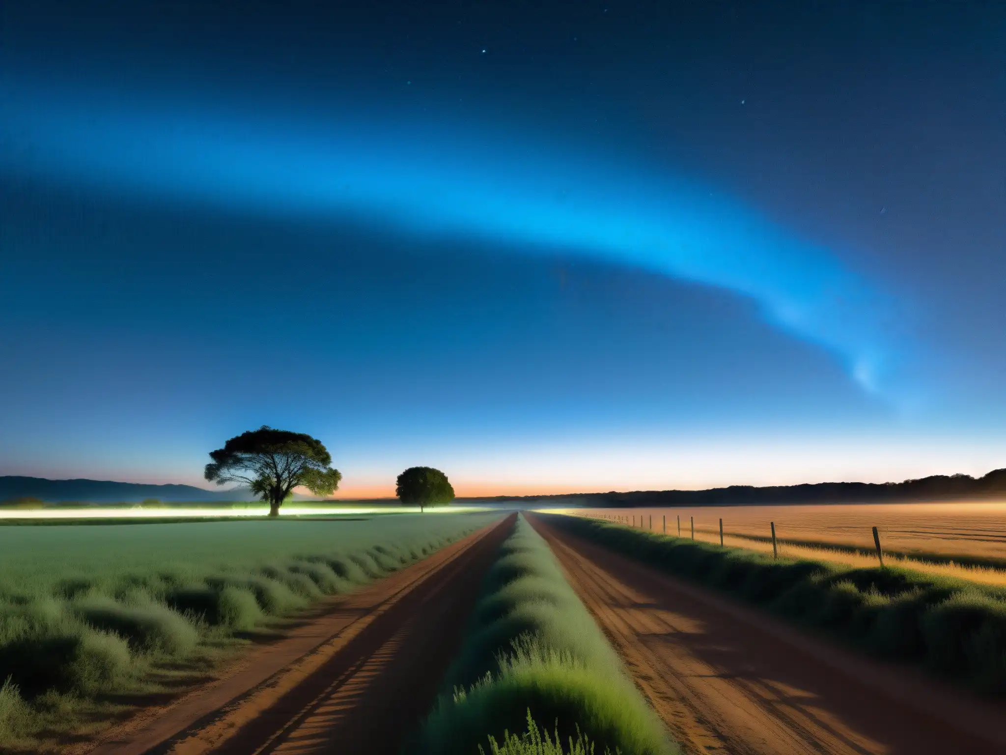 Imagen nocturna de paisaje rural argentino con el misterioso fenómeno natural de la luz mala emanando del suelo, creando un aura de leyenda y misticismo