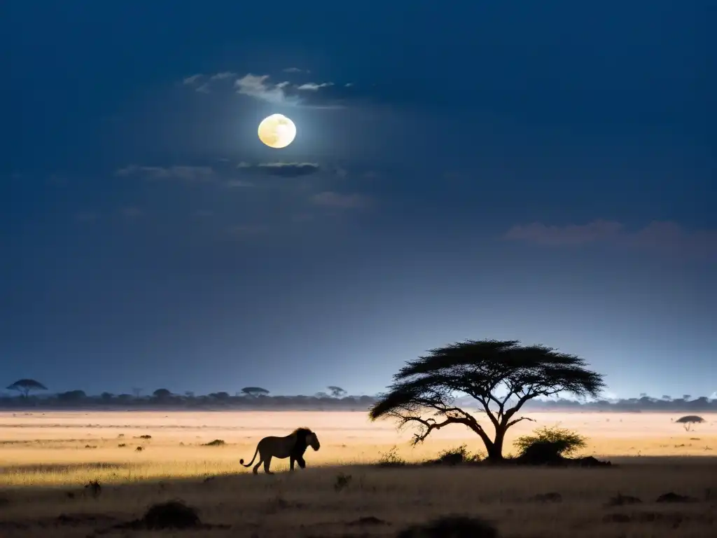 Imagen nocturna de la sabana africana con un árbol silueteado y una leona acechando, evocando al Jinamizi, el demonio de los sueños en África Oriental