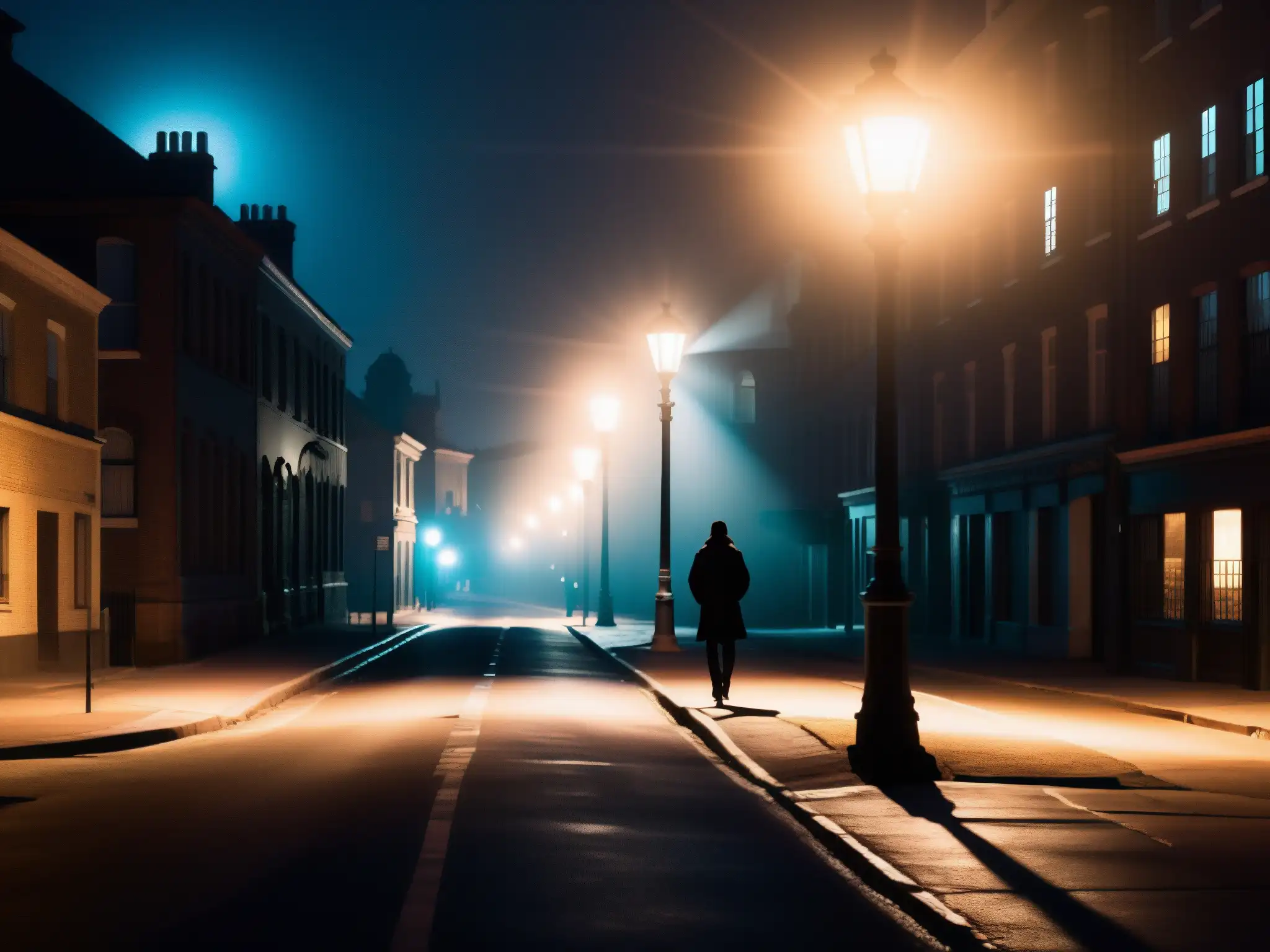 Una imagen nocturna de una solitaria figura bajo una farola en una calle oscura, transmitiendo la perpetuación de supersticiones en leyendas urbanas