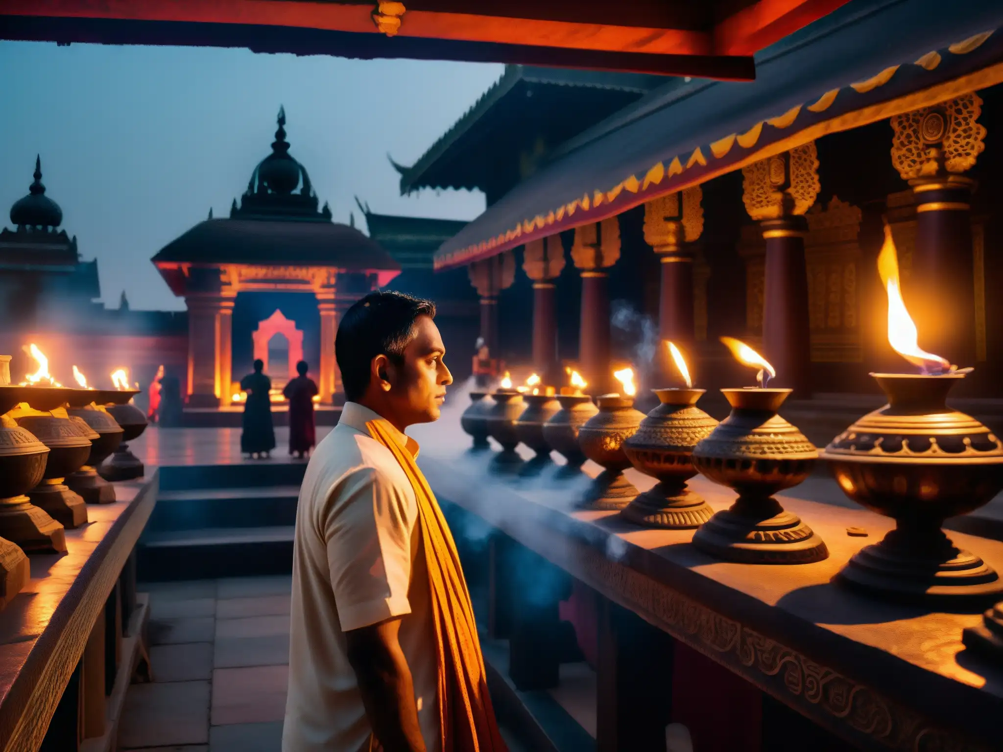Una imagen nocturna de un templo hindú, con posesiones demoníacas tradiciones hindúes, sombras misteriosas y una atmósfera espiritual ancestral