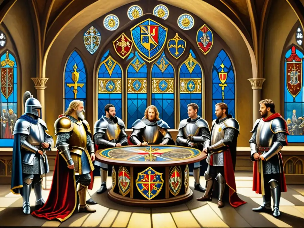 Imagen del origen histórico del mito del Rey Arturo, con los caballeros de la mesa redonda en una majestuosa pintura medieval
