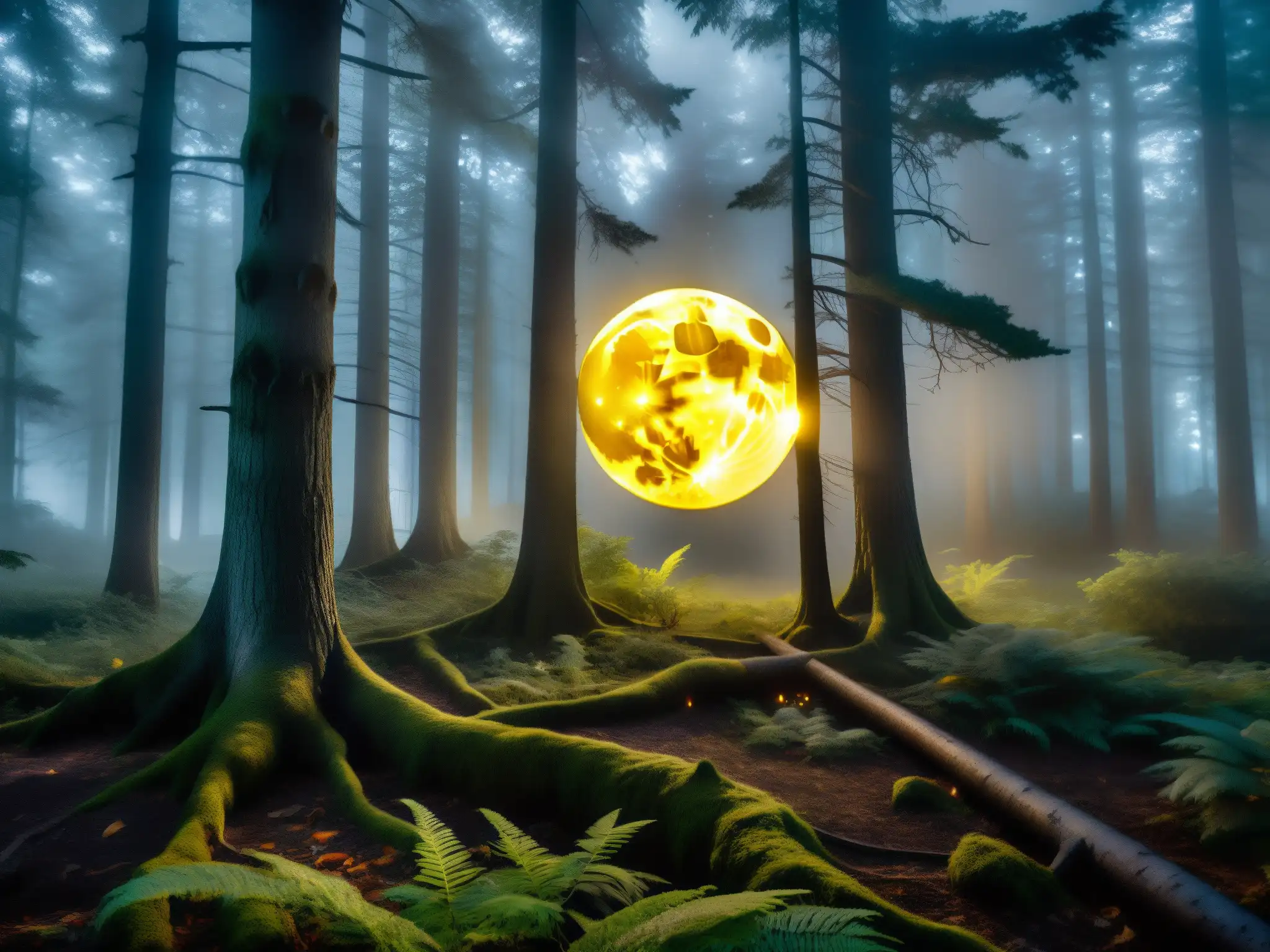 Imagen del origen mitológico del Chupacabras: ojos amarillos brillantes en un bosque nocturno y neblinoso, bajo la luz de la luna llena