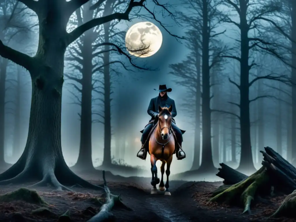 Imagen de un oscuro bosque neblinoso de noche con el misterioso Jinete sin Cabeza en la leyenda