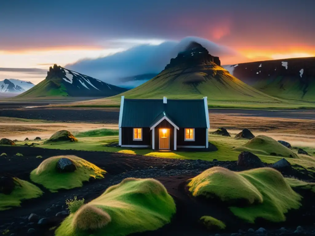 Imagen de un paisaje místico en Islandia con una casa de madera tradicional entre un campo de lava cubierto de musgo