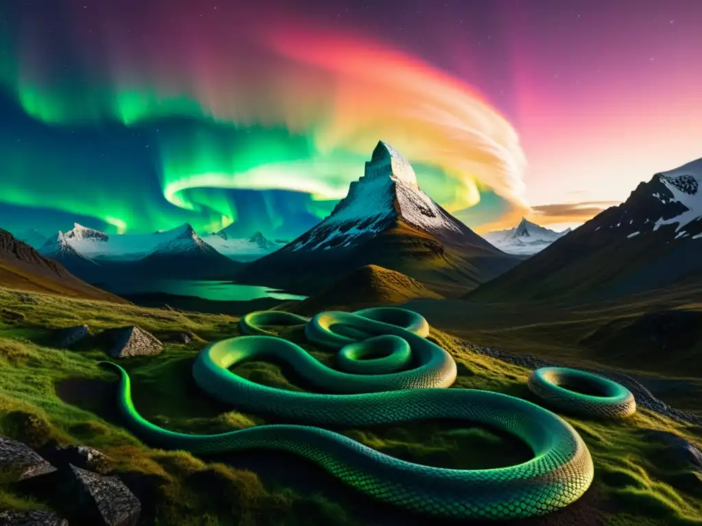 Imagen de paisaje nórdico con la serpiente Jormungandr, evocando el mito de la serpiente del mundo en la mitología nórdica